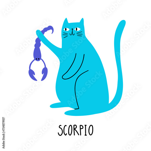 Cat Zodiac Astrology Sign Scorpio. Hand draw style. Vector illustration zodiacal symbols. Isolated on white background. Good for posters, t shirts, postcards.