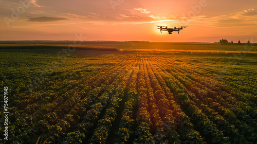 Against the backdrop of the golden hour, the drone hovers above the farmer's field, tracing elegant lines that stretch across the terrain like veins in a leaf, creating a mesmerizi photo