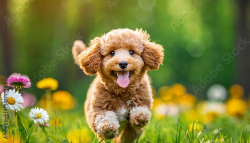 A dog poodle puppy with a happy face runs through the colorful lush spring green grass