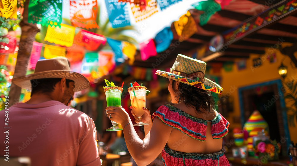 A couple raises vibrant, garnished drinks in a toast under colorful papel picado banners, celebrating the festive spirit of Cinco de Mayo..