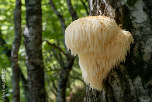 lions mane mushroom Hericium erinaceus growing on tree in the forest Natural background with copy space Traditional oriental medicine Alternative treatment and health support