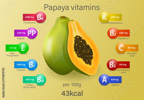 The health benefits of papaya. Vector illustration with useful facts about nutrition. Essential vitamins, energy value. Medical, wellness and nutritional concept.