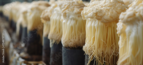 industrial production or farm cultivation of lions mane mushroom Hericium erinaceus close-up Traditional oriental medicine Alternative treatment and health support