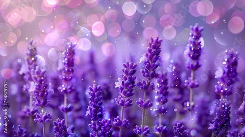 Vibrant Lavender Field with Sparkling Bokeh Background - Nature s Beauty in Purple Hues