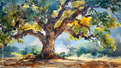 Majestic Oak Tree Watercolor Painting with Crooked Branches and Green Leaves in Hazy Field