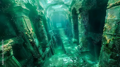 Mysterious Sunken Ruins, Underwater Archaeology, Ancient Lost City, Scuba Diving Adventure Site © pisan