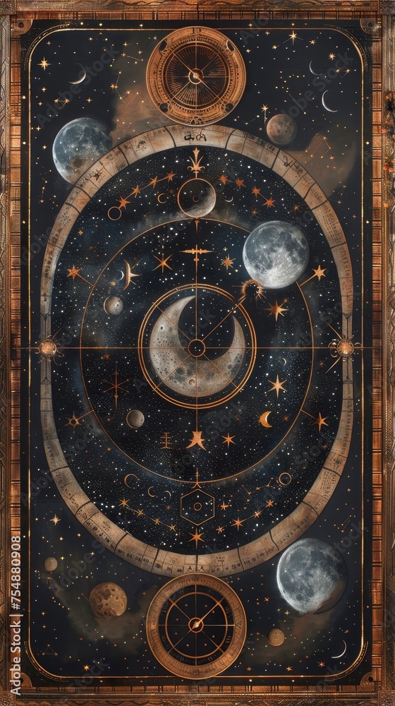 Celestial constellations framing a gothic moon phases chart