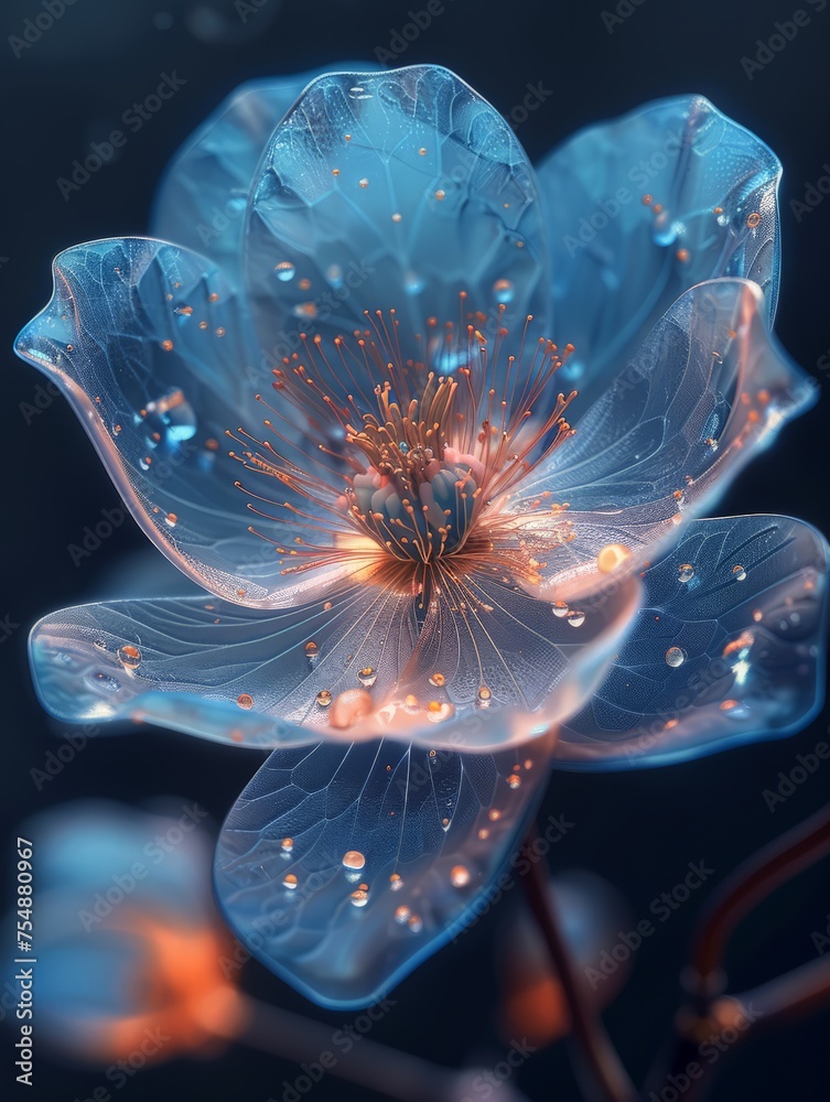 Obraz premium A blue flower covered in water droplets glistens under the sunlight.