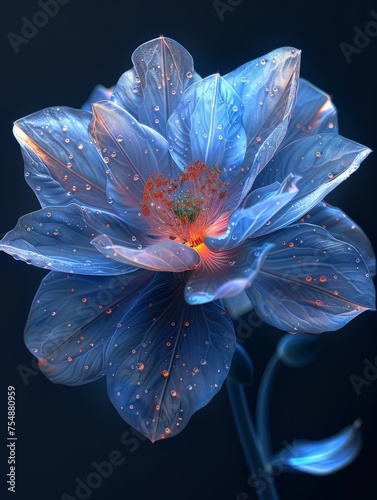 A blue flower covered in water droplets, glistening under the sunlight.