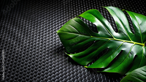 Lush Monstera Leaves on Textured Black Carbon Fiber Background 