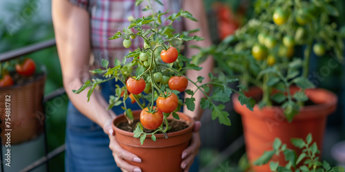 Kleiner Balkongarten mit reifen Tomatenpflanzen 
