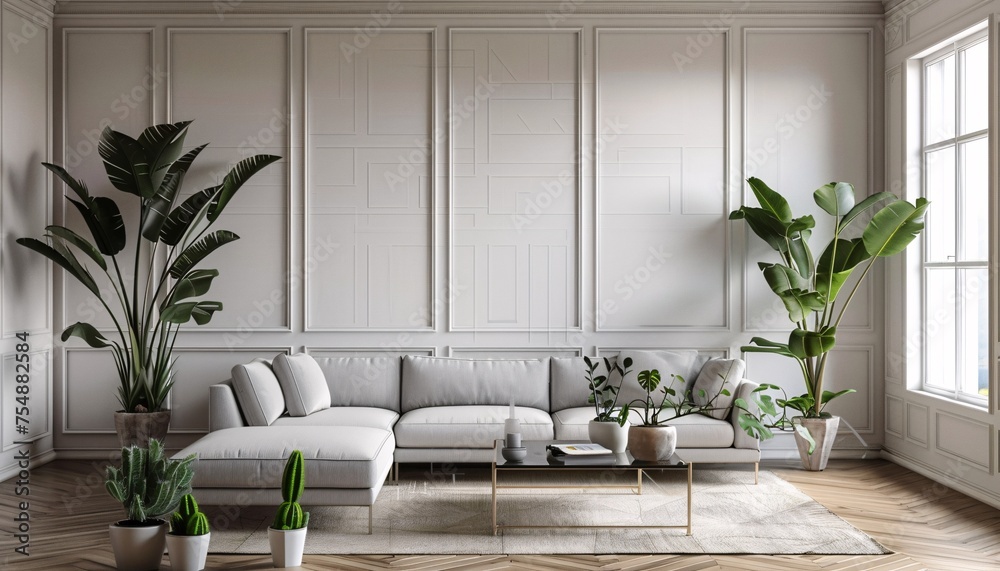 Modern Living Room Design A Blend of White Furniture and Greenery Generative AI