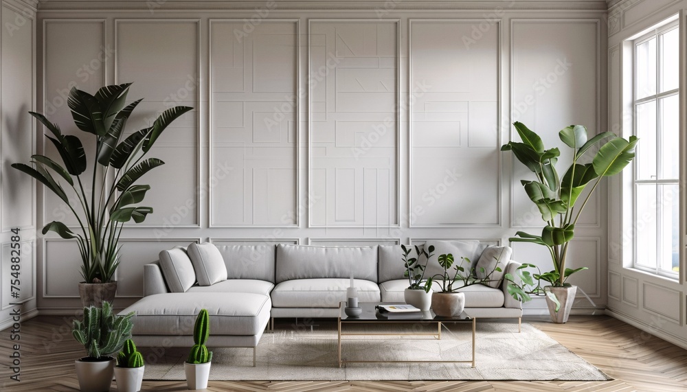 Modern Living Room Design A Blend of White Furniture and Greenery Generative AI Modern Living Room Design A Blend of White Furniture and Greenery Generative AI