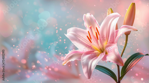 Beautiful blooming lily flower minimalist fantasy background template fresh light pink yellow white color lily flower poster nature background, Aesthetics floral inspirational tenderness illustration
