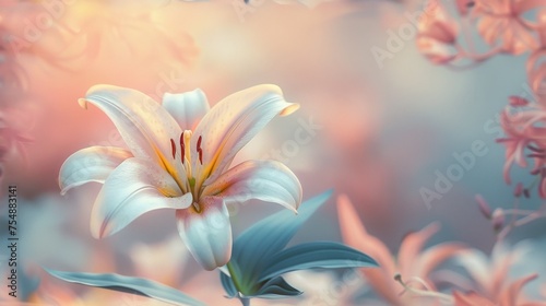Beautiful blooming lily flower minimalist fantasy background template fresh light pink yellow white color lily flower poster nature background, Aesthetics floral inspirational tenderness illustration