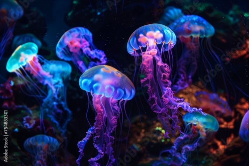 A group of jellyfish swimming in the dark deep sea © pham