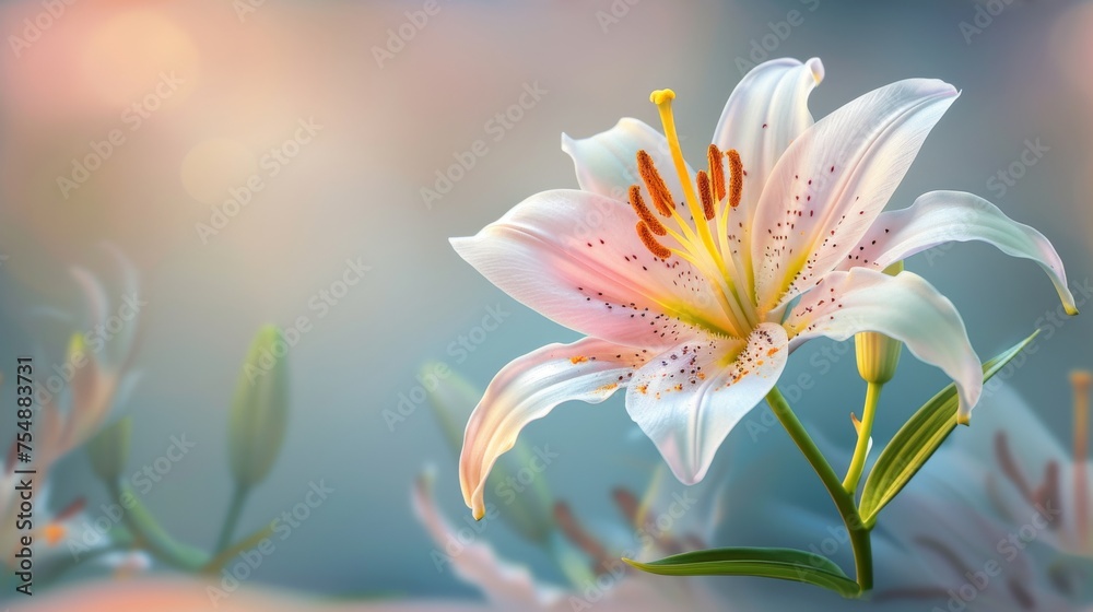 Fototapeta premium Beautiful blooming lily flower minimalist fantasy background template fresh light pink yellow white color lily flower poster nature background, Aesthetics floral inspirational tenderness illustration