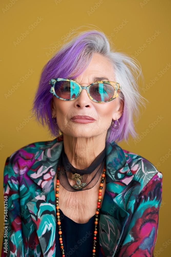 Stylish Senior Lady with Purple Hair and Sunglasses Stylish Senior Lady with Purple Hair and Sunglasses