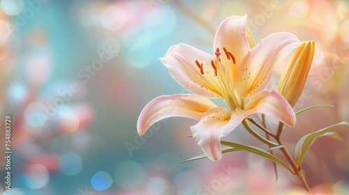 Beautiful blooming lily flower minimalist fantasy background template fresh light pink yellow white color lily flower poster nature background  Aesthetics floral inspirational tenderness illustration