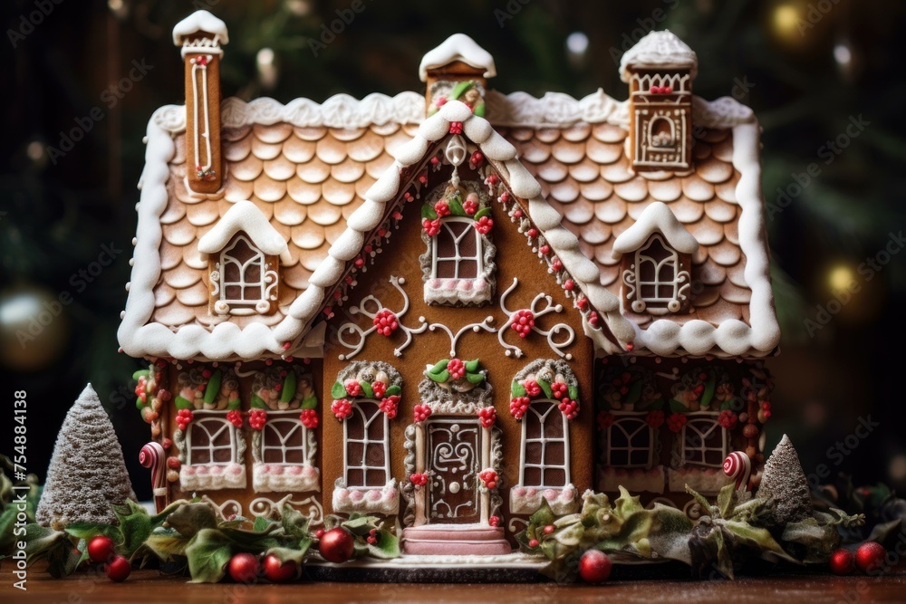 Frosty Gingerbread winter snow house at sunset. Fantasy New Year holiday. Generate Ai