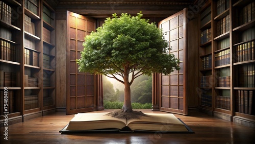 Tree growing from an open book in the library. photo