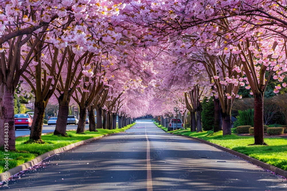 Naklejka premium Pink Blossoms Along the Road A Cherry Blossom-Inspired Scene Generative AI
