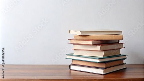 stack of books on wooden table and white wall background  education concept