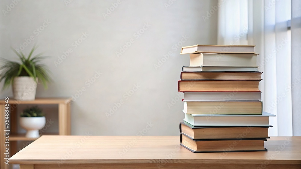 stack of books on wooden table and white wall background, education concept stack of books on wooden table and white wall background, education concept