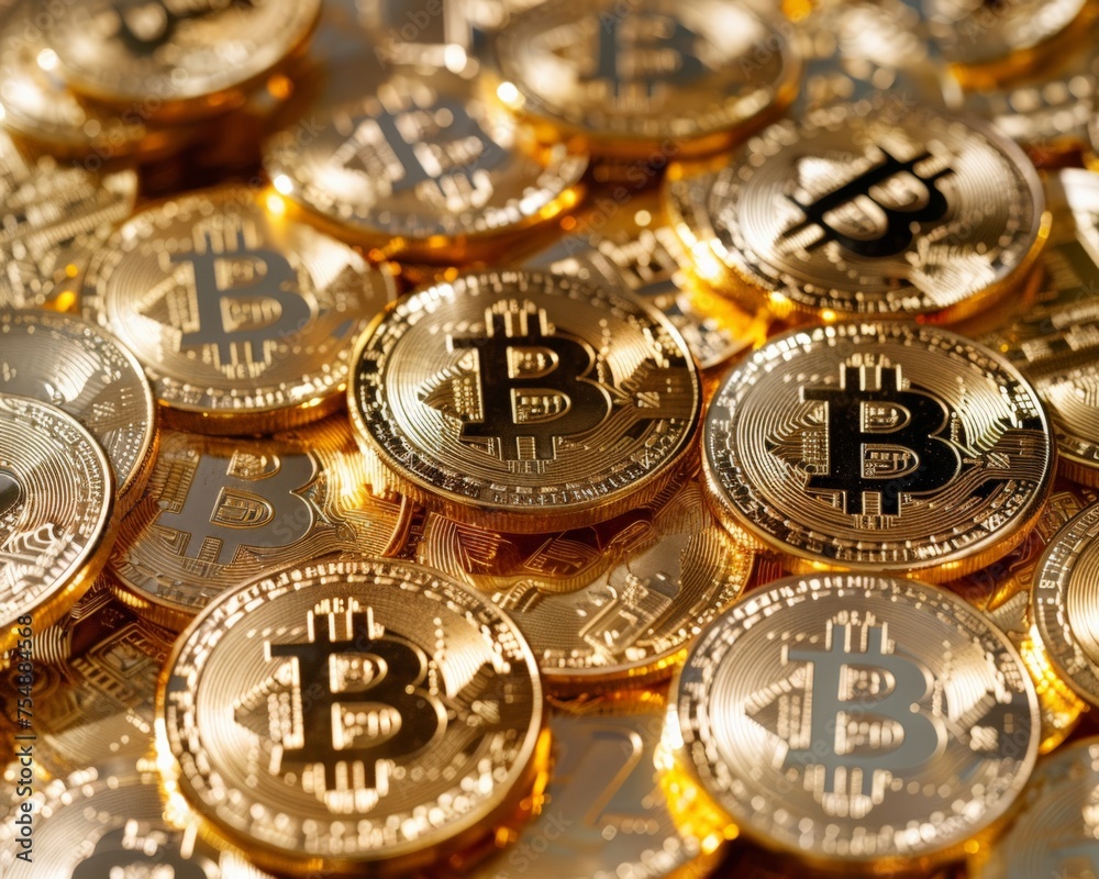 Golden Bitcoins with digital background Golden Bitcoins with digital background