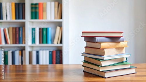 stack of books on wooden table and white wall background, education concept