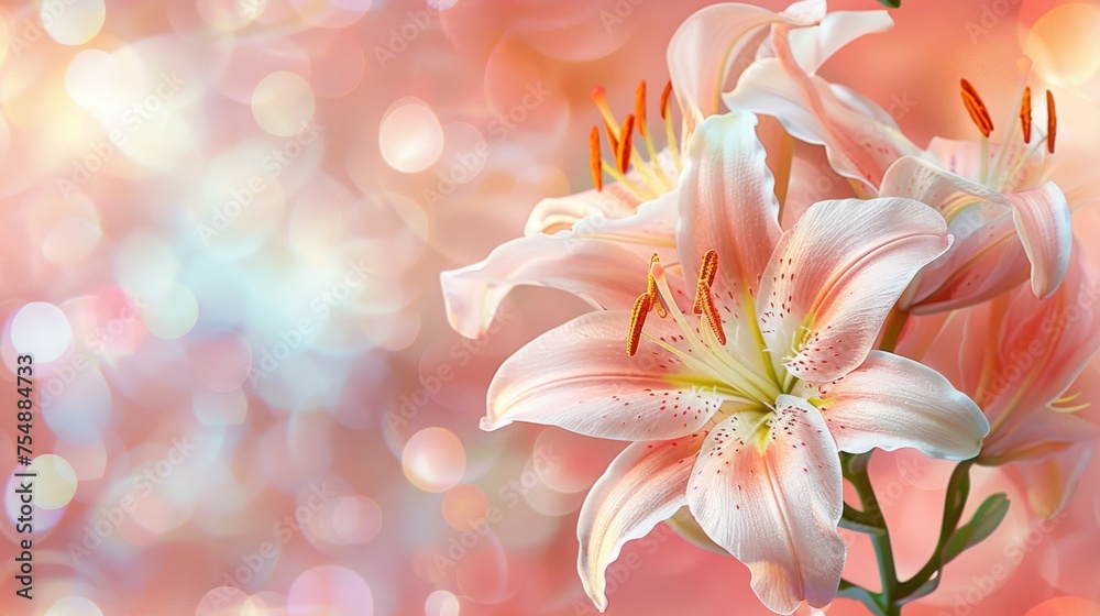 Naklejka premium Beautiful blooming lily flower minimalist fantasy background template fresh light pink yellow white color lily flower poster nature background, Aesthetics floral inspirational tenderness illustration