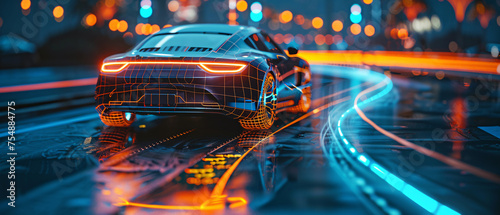 Futuristic Car Design with Wireframe Overlay at Night
