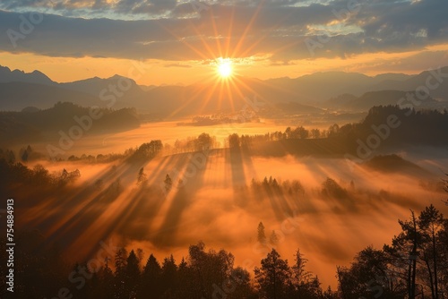 Radiant Dawn Over Fog-Enshrouded Landscape