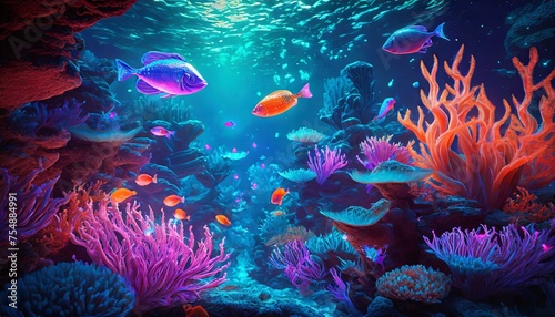 Underwater world with glowing coral reefs and exotic fish in neon colors