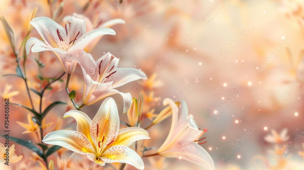 Obraz premium Beautiful blooming lily flower minimalist fantasy background template fresh light pink yellow white color lily flower poster nature background, Aesthetics floral inspirational tenderness illustration