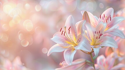 Beautiful blooming lily flower minimalist fantasy background template fresh light pink yellow white color lily flower poster nature background, Aesthetics floral inspirational tenderness illustration