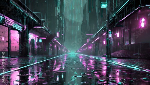 Dark cyberpunk alley with glowing raindrops and reflective surfaces