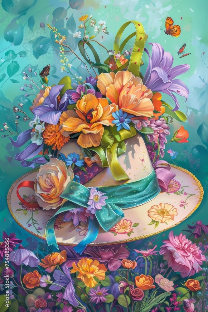 Spring Festivities Come Alive: An Artistic Rendering of a Traditional Easter Bonnet Decorated with Flowers and Ribbons