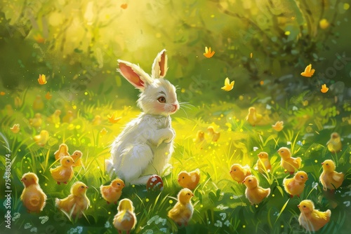 Springtime Storytime: A Bunny and Its Chick Friends Gather for a Reading Adventure in a Lush Meadow