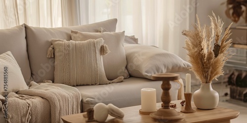 Tranquil living room corner with candles on a wooden table and plush textured pillows.
