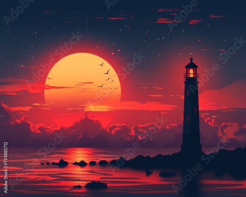 Lighthouse in ocean sunset hues