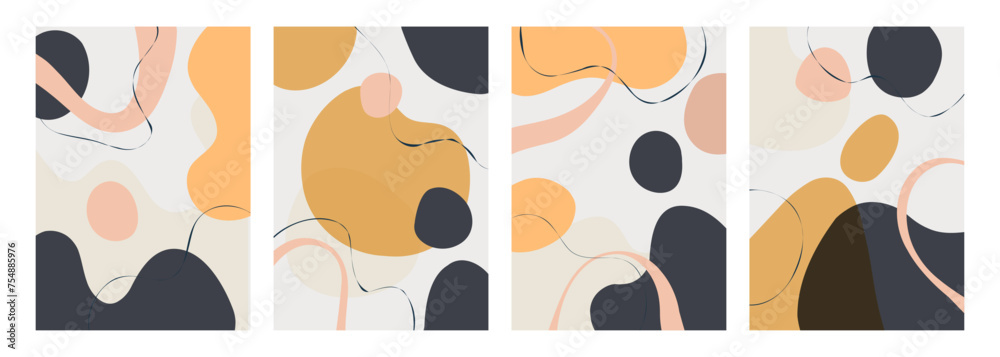 Set of abstract backgrounds with various hand drawn dynamic shapes and black wavy lines for creative graphic design. Vector illustration.