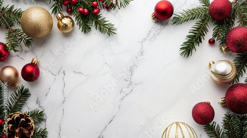 Christmas background with red and gold baubles and fir branches on white marble 