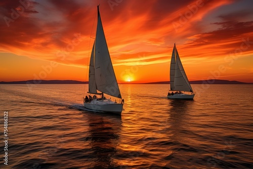 Colorful Pair sail boat sunset. Sport romantic. Generate Ai © juliars