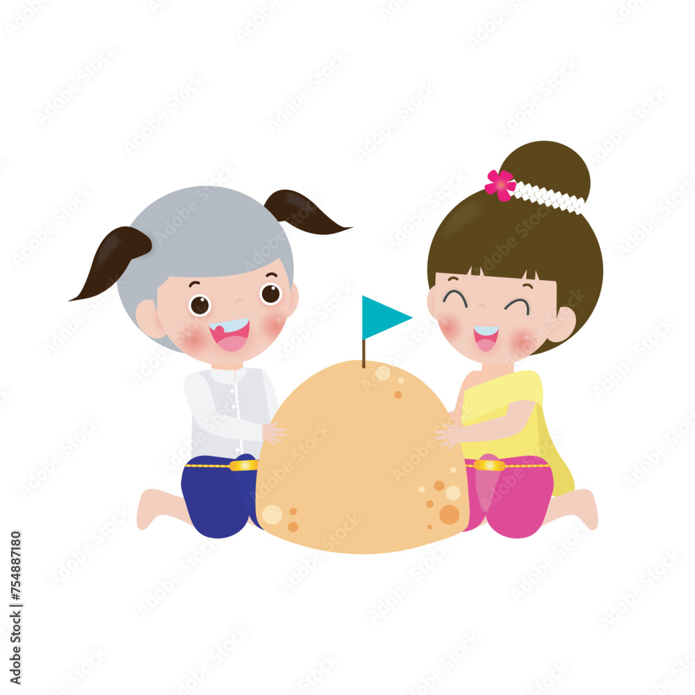 Songkran festival cute kids thai Traditional and sand pagoda Thailand Traditional New Year Day Vector Illustration template Thailand travel concept on white background Songkran festival cute kids thai Traditional and sand pagoda Thailand Traditional New Year Day Vector Illustration template Thailand travel concept on white background