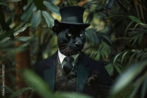 A black panther dressed in a suit, tie and top hat in the jungle
