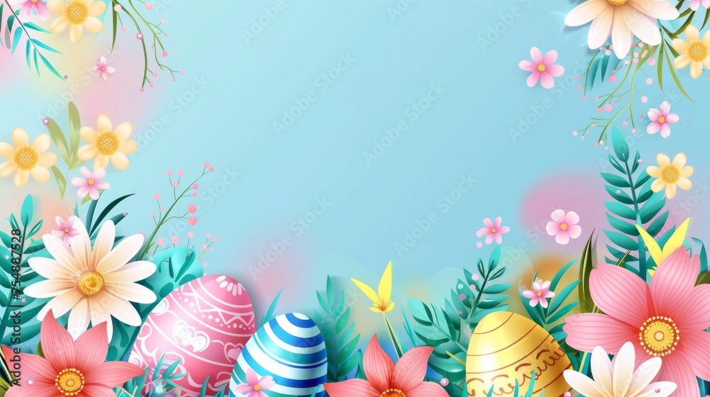 Easter background with eggs, flowers and leaves Easter background with eggs, flowers and leaves