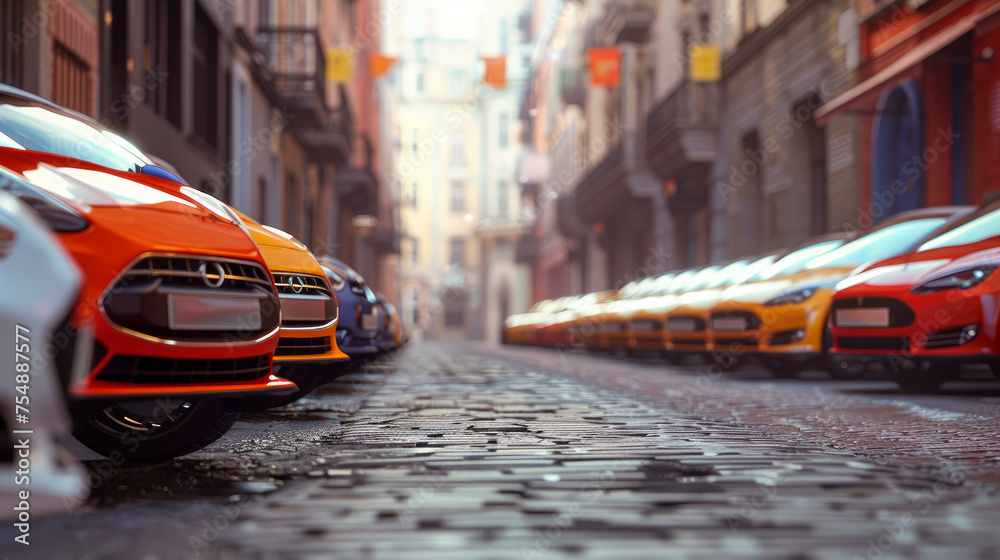 Row of different cars parked in a crowded city. Row of different cars parked in a crowded city.