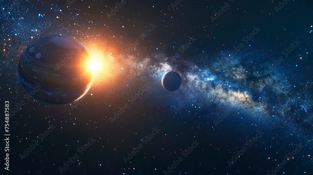 Universe scene with planets, stars and galaxies in outer space showing the beauty of space exploration.