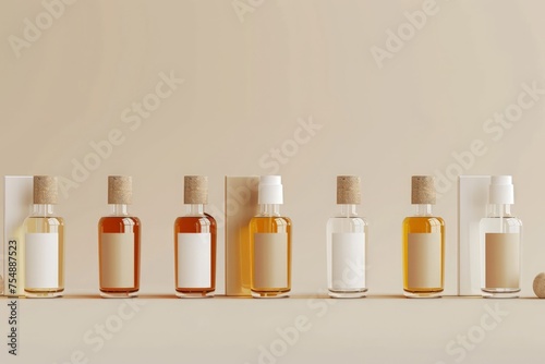 Row of cosmetic bottles filled with different types of liquid standing on a beige background.